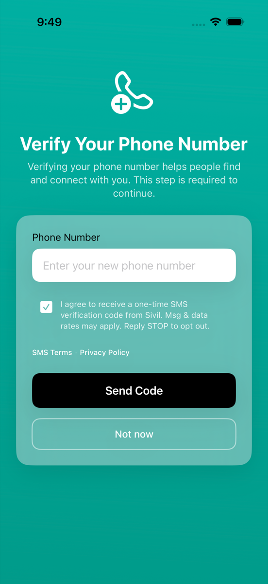 Sivil app — Verify Your Phone Number screen showing phone input, SMS consent checkbox, SMS Terms and Privacy Policy links, and Send Code button